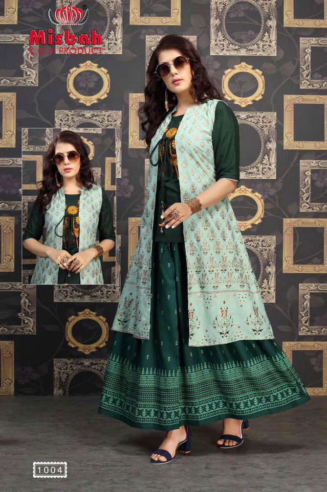 Misbah Nayantara 1 Designer Exclsive   Fancy Finest Quality Of Rayon Heavy Gold Print With Work With Jacket Kurti With Skirt Collection